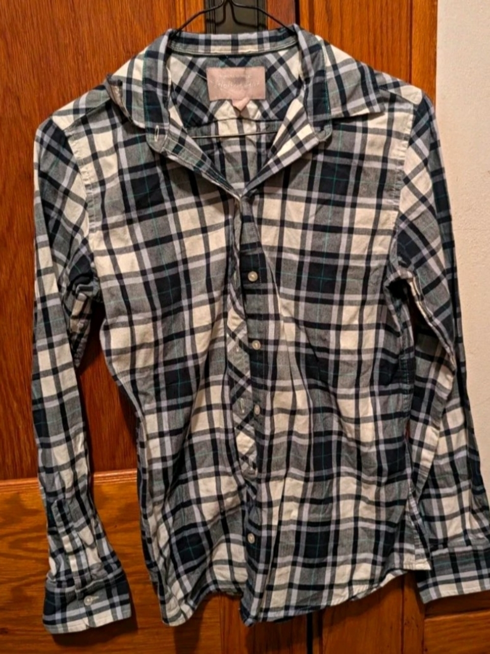 Banana Republic Women’s Black, White and Teal Plaid Button-Down Shirt